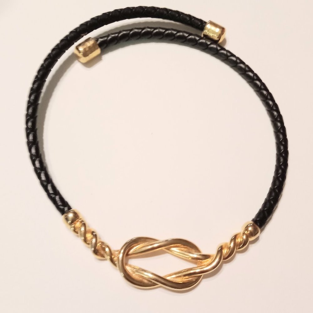 Chicos Gold Tone Black Braided Leather Flex Collar Necklace